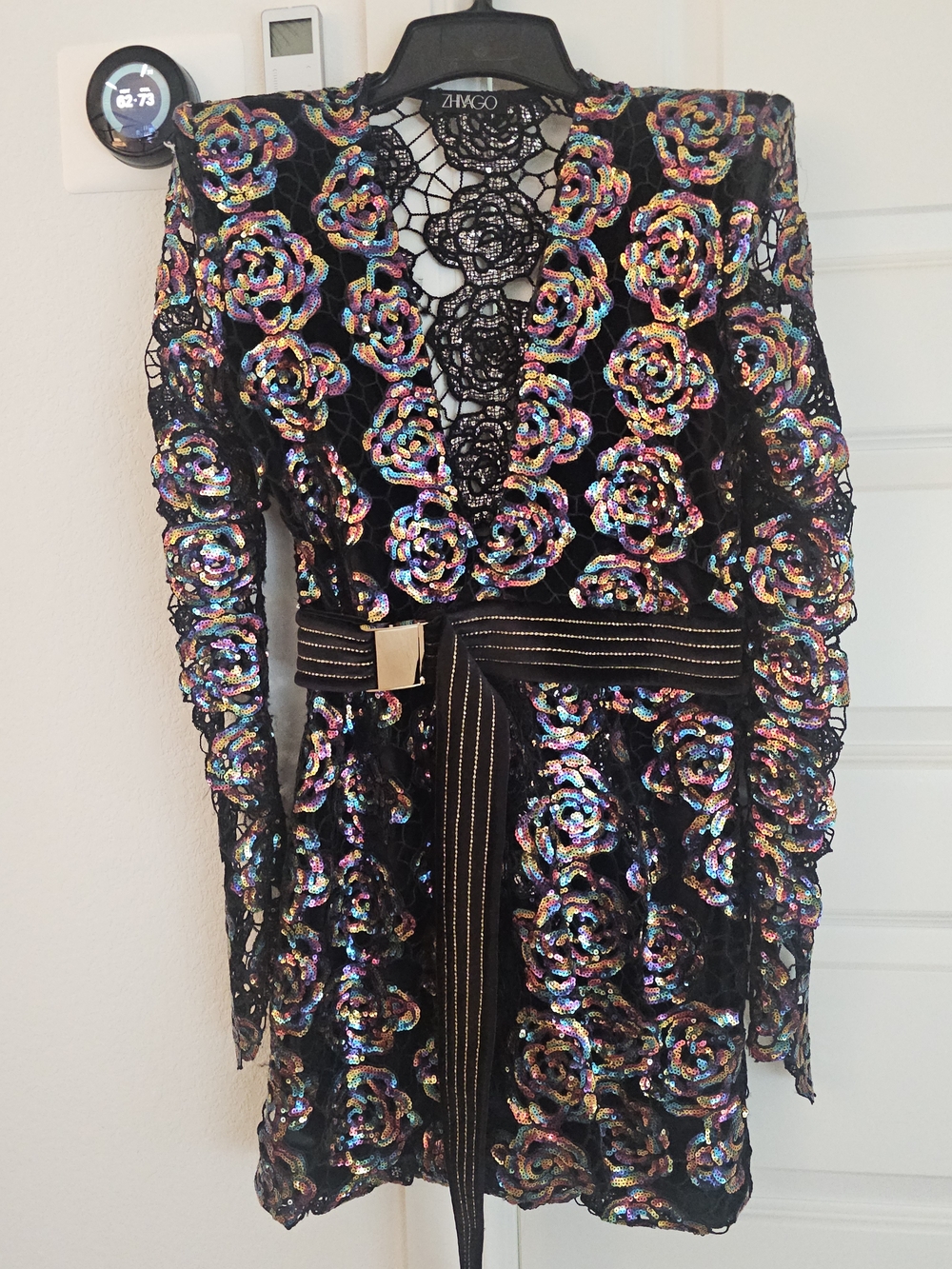 Black Sequin Rose Lace Dress with Multicolor Sparkle